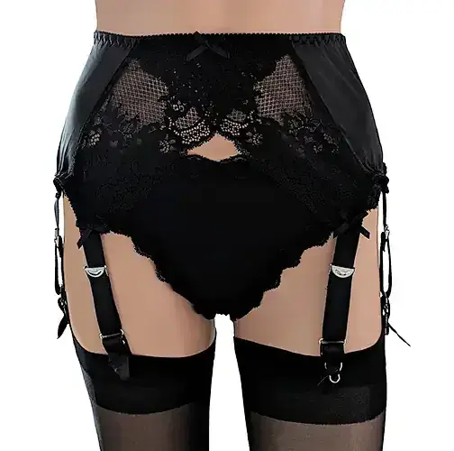 Black Lace 8 Strap Suspender Belt with Black Satin