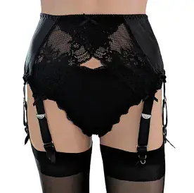 Black Lace & Black Satin 8 Strap Suspender Belt