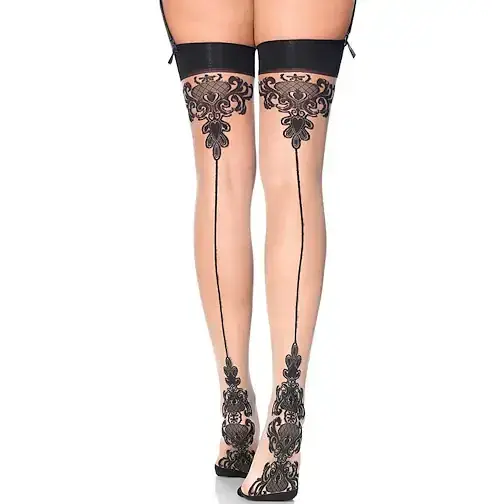 Contrast Seam Stockings with Ornate Baroque Design