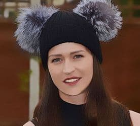 Double Pom Beanie Hat with 2 Large Real Silver Fox Fur Poms