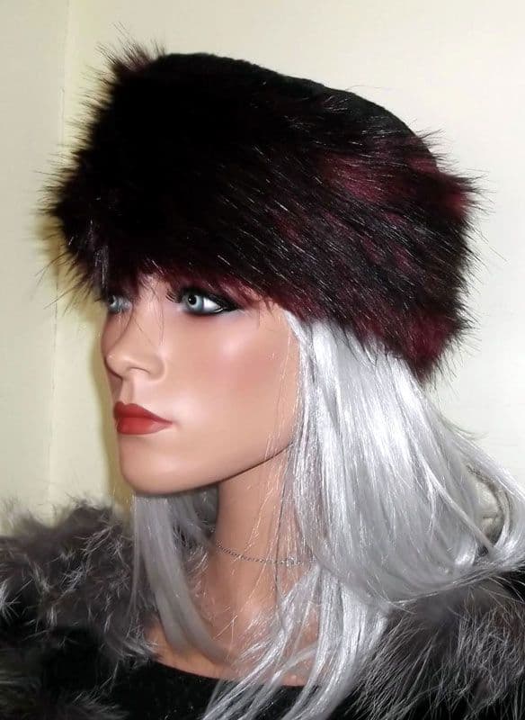 Faux Fox Fur Pillbox Hat in Black with Red Highlights