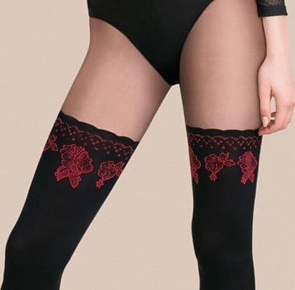 Faux Hold-up Tights in Black 60 Denier with Red Roses Motif