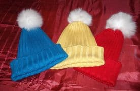 Fox Fur Pom Beanie Hats in Yellow, Red or Blue