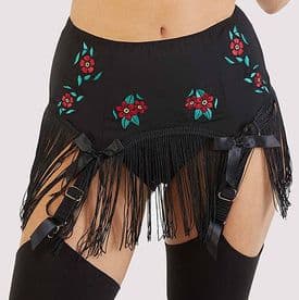 Fringed Black Embroidered Suspender Belt