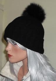 Genuine Fox Pom Beanie Hats in Black, Beige and White