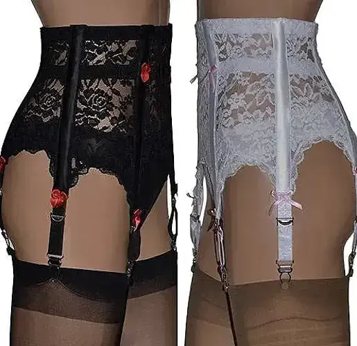Six Strap Suspender Garter Belt in Black or White Lace with Bows