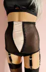 High Waisted Black Panty Girdle with Satin Panel & Suspenders