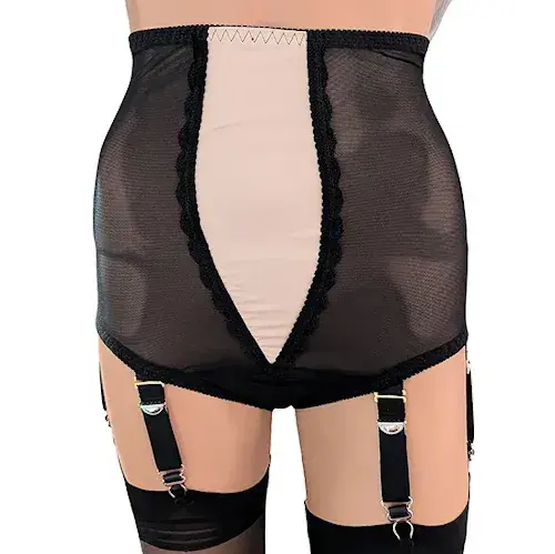 High Waisted Black Panty Girdle with Satin Panel & Suspenders