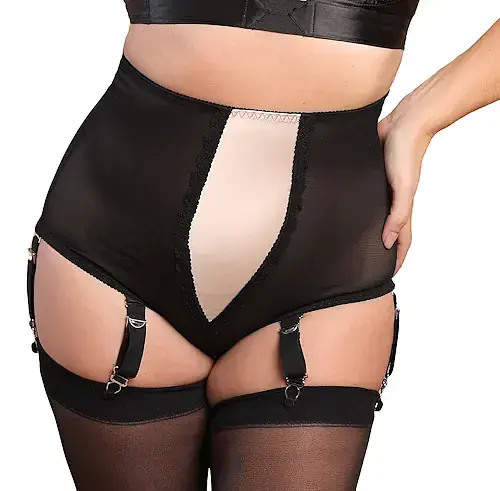 High Waisted Black Panty Girdle with Satin Panel & Suspenders