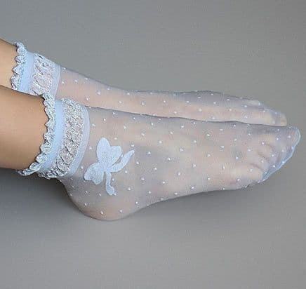 White or nude polka dot ankle socks with frilly tops