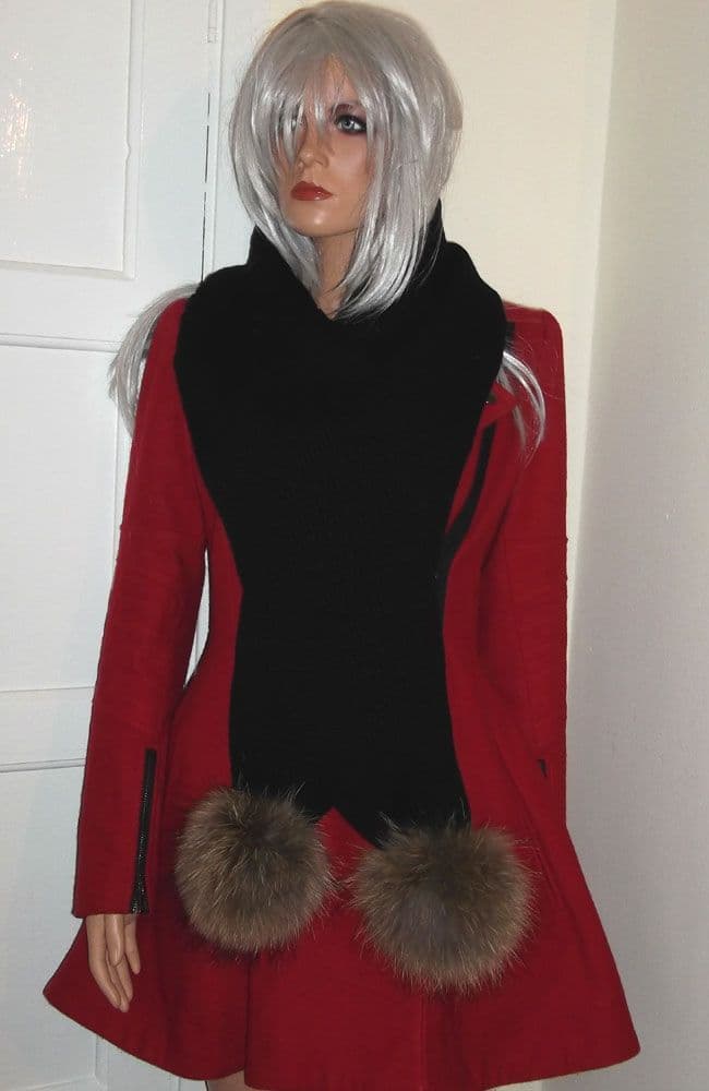 Real Raccoon Fur Pom Wool Scarf with 2 Fur Poms