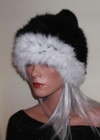 Real All-Rabbit Fur Hats in Black, Brown or Beige with Contrasting White Trim