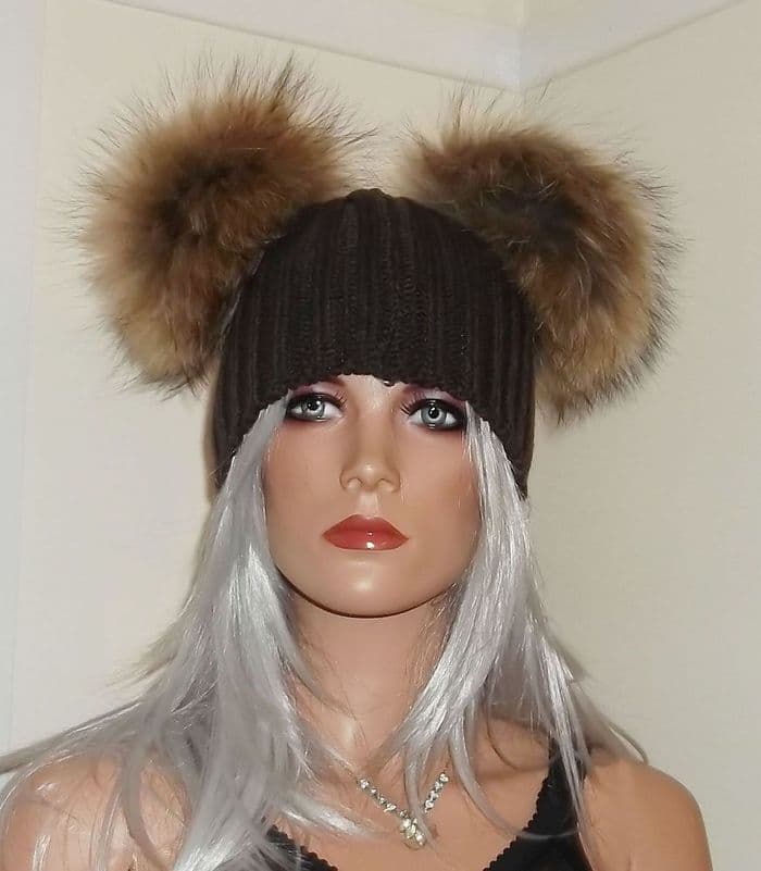 Real Raccoon Fur Pom Beanie Hats with 2 x Large 18cm Poms