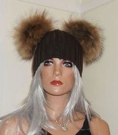 Real Raccoon Fur Double Pom Beanie Hat with 2 x 18cm Fur Poms