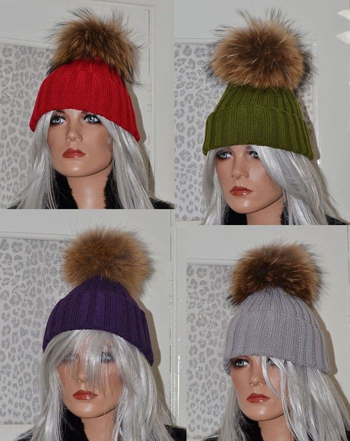Real Raccoon Fur Pom Beanie Hat Large 18-24cm Pom in 5 Colours