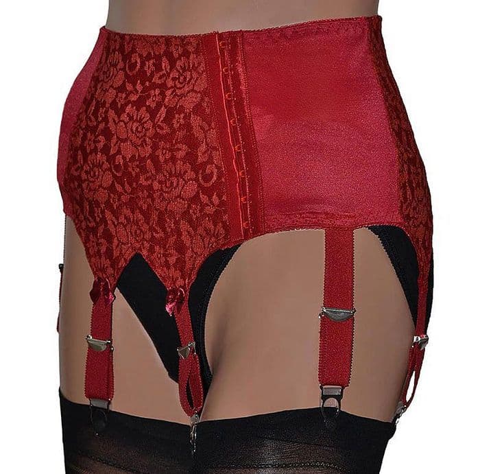 Red 6 Strap Suspender Belt with Floral Lace Front and Side Panels