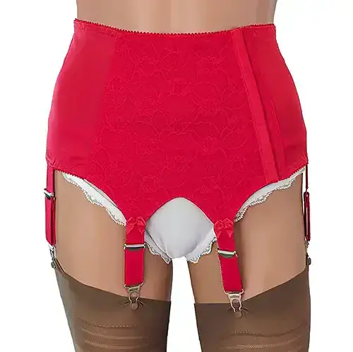 8 Strap Red Suspender Belt with Lace Front and Side Panels