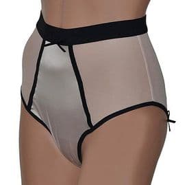 Retro High Waist Knickers in Beige Mesh with Black Trim