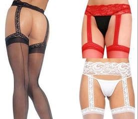 Seamed Stockings with Lace Suspender Belt in Red, Black or White