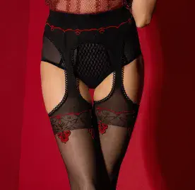 Sheer Black Suspender Tights with Red Motifs, Fiore Amour Rouge