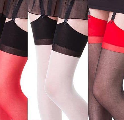 Sheer Plain Top Contrast Welt Stockings in Red, Black or White