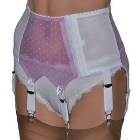 Side Opening 6 Strap Suspender Belt with Pink & White Polka-Dot Mesh Panels