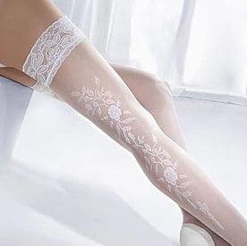 White Floral Patterned Seam Hold-up Stockings
