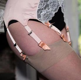 White Lace & Peach Satin 8 Strap Suspender Belt