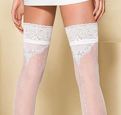 White Lace Top Hold-up Stockings with Silver Lurex Thread Dotted Seams