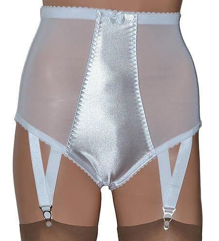 White Satin and Power Mesh Panty Girdle with Suspenders, Retro Style