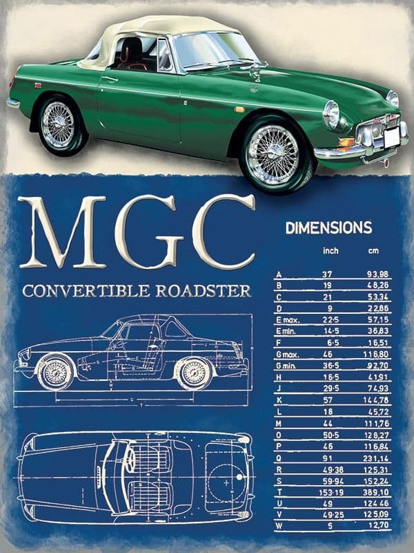 MGC Convertible Metal Wall Sign | Classic Car Art | Gifts for Him
