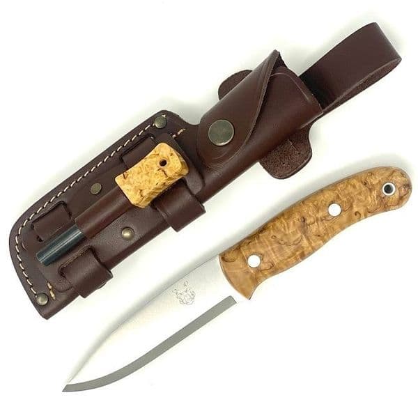 Mk II TBS Boar Bushcraft Knife - TBS Firesteel Edition - Curly Birch - Multi Carry Sheath