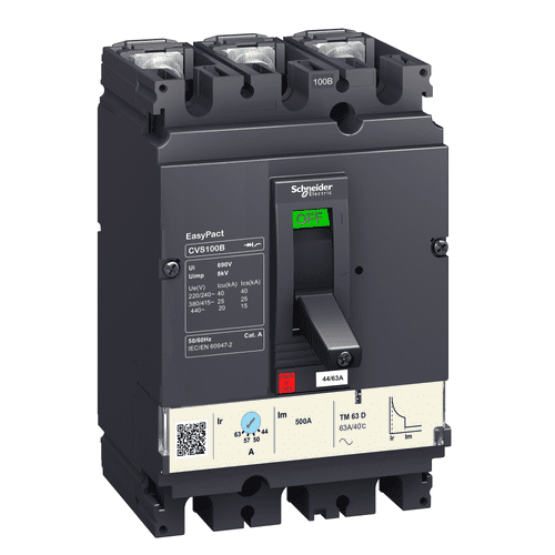 LV510305 Schneider Electric Circuit Breaker Easypact Cvs100B, 25 Ka At 415 Vac, 63 A Rating Thermal Magnetic Tm-D Trip Unit, 3P 3D