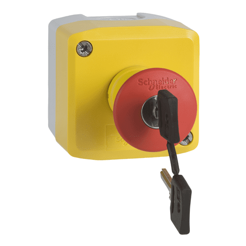 XALK188E       Schneider Electric    Control station, Harmony XALD, XALK, plastic, yellow, 1 red mushroom head push button 40mm, emergency stop key release 1 NO + 1 NC, unmarked