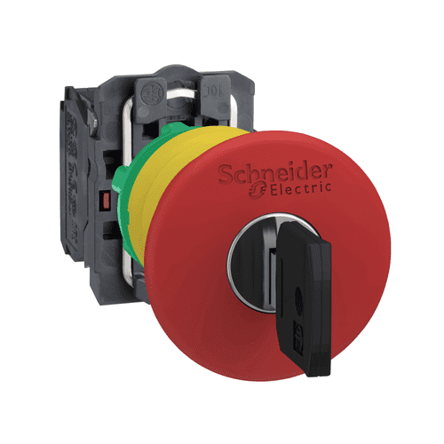 XB5AS9445 Schneider Electric Emergency stop switching off, Harmony XB5, plastic, red mushroom 40mm, 22mm trigger latching key release, 1NO+1NC