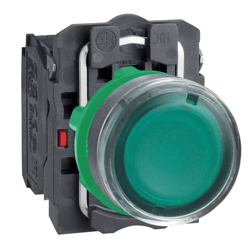 XB5AW33B5 Schneider Electric Illuminated push button, Harmony XB5, plastic, green flush, 22mm, universal LED, plain lens, 1NO + 1NC, 24V AC DC