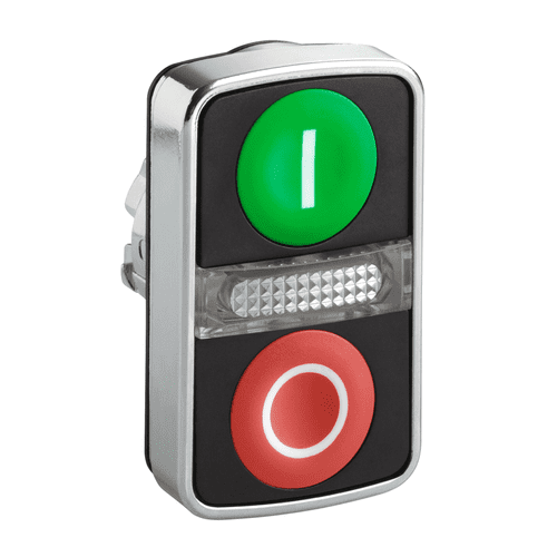 ZB4BW7A3741 Schneider Electric Illuminated double headed push button head, Harmony XB4, metal, 22mm, 1 green flush marked I + 1 pilot light + 1 red flush marked O