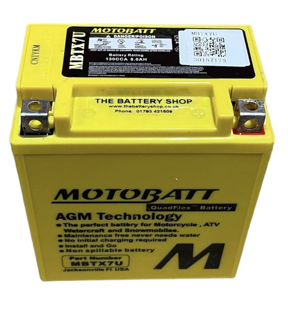 MBTX7U Motobatt AGM Motorcycle Battery 12v 8Ah 130CCA (YTX7L-BS