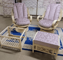 Deluxe Swivel Rockers x2 Plus Coffee Table & Footstool -Perth Pink Leaves Fabric