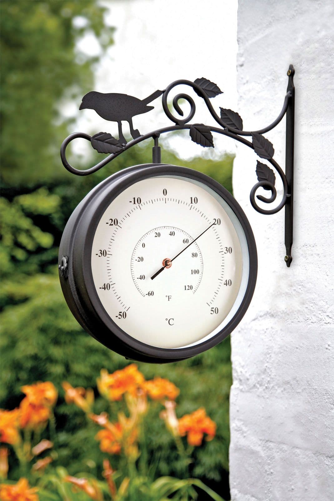outdoor garden clock and thermometer