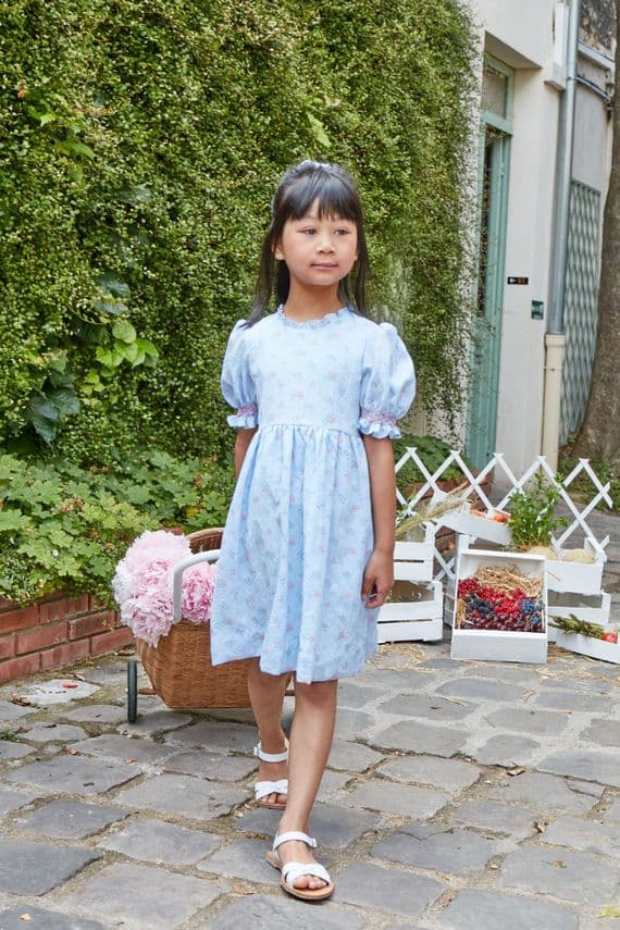 Kidiwi -  Delia Blue Seersucker Gingham with Bouquet Print Dress