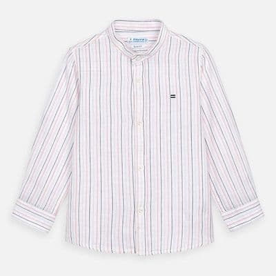 Mayoral - Coral Stripe Linen Collarless Long Sleeve Shirt