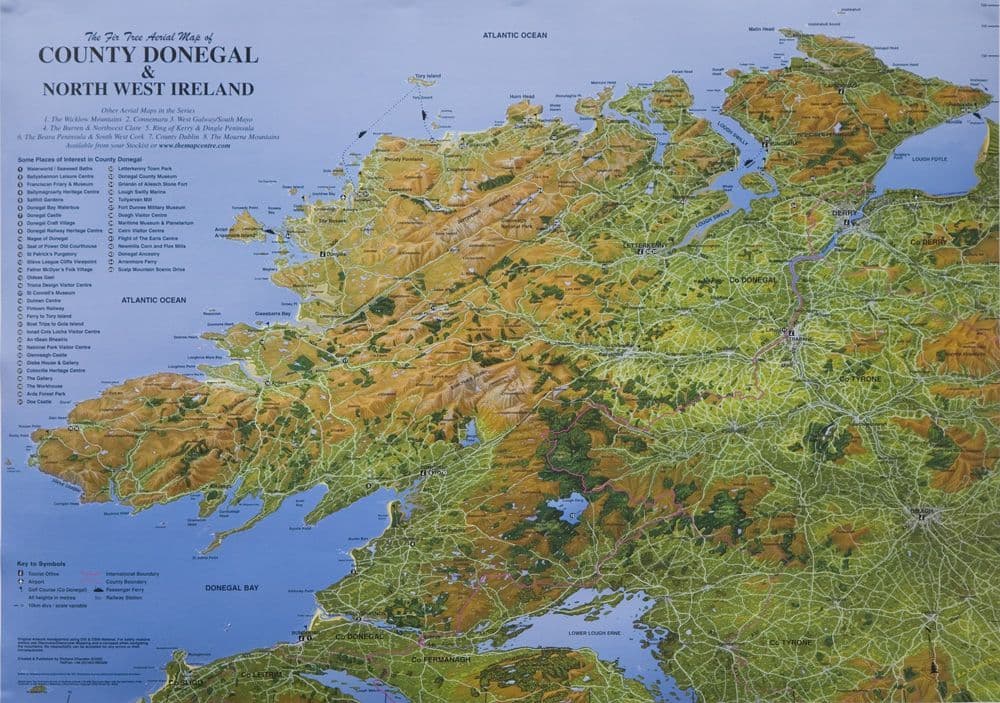 Donegal Postcode Aerial Map of Co Donegal & Northwest Ireland - Flat Laminated