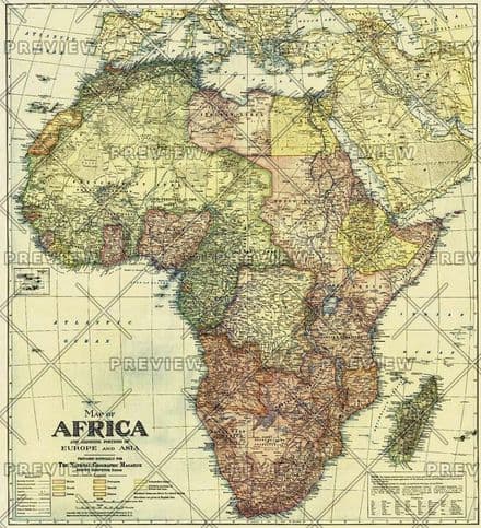 Africa Map with portions of Europe and Asia - Published 1922 by National Geographic