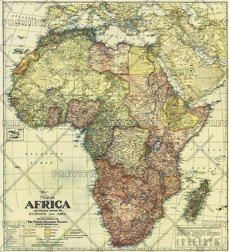 Africa Map with portions of Europe and Asia - Published 1922 by National Geographic