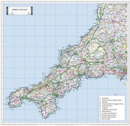 AONB Cornwall - Wall Map 2024 - Areas of Outstanding Natural Beauty - 100 x 96cm