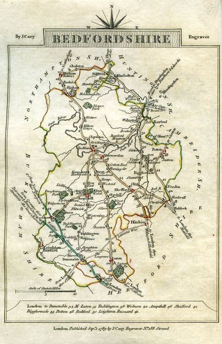 Bedfordshire County Map by John Cary 1790 - Reproduction