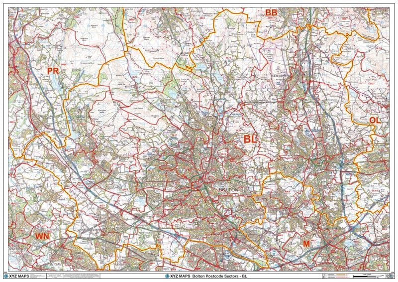 B Postcode Sector Bolton - BL - Postcode Sector Wall Map