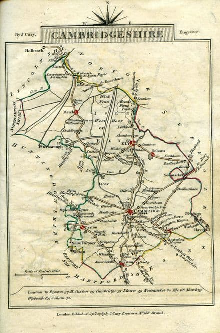 Cambridgeshire County Map by John Cary 1790 - Reproduction