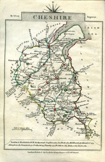 Cheshire County Map by John Cary 1790 - Reproduction
